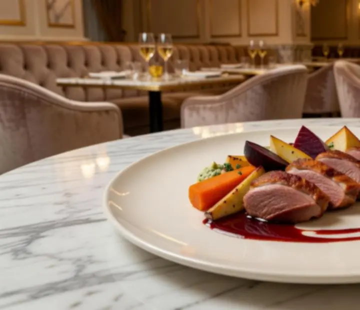 Gourmet főétel elegáns tálalással a Veloorix étterem menüjéről