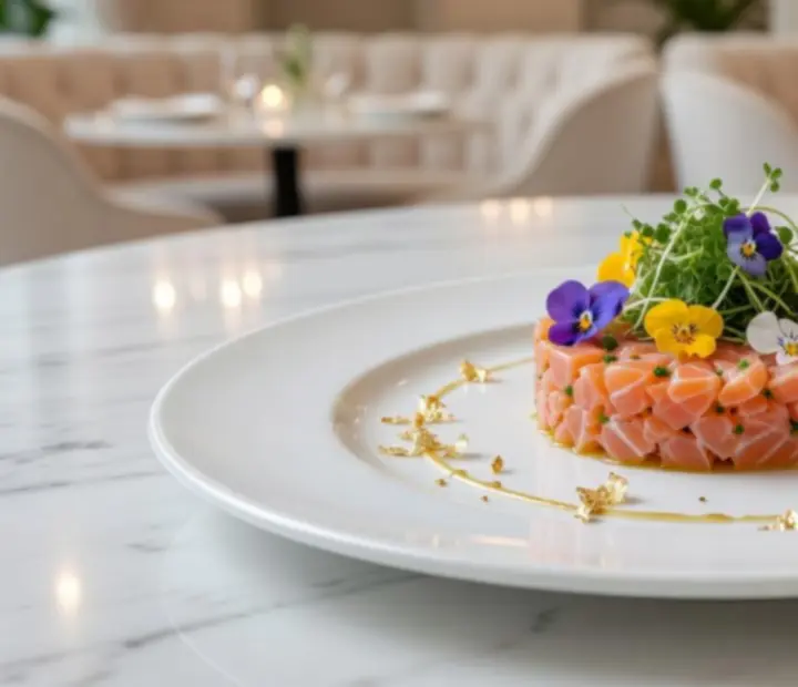 Elegánsan tálalt signature előétel a Veloorix fine dining étteremben