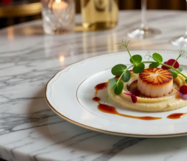 Gourmet signature fogás elegáns tányéron tálalva a Veloorix étteremben