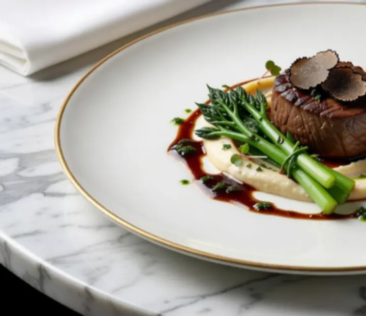Gourmet fogás művészi tálalással és elegáns márvány felületen a Veloorix étteremben.