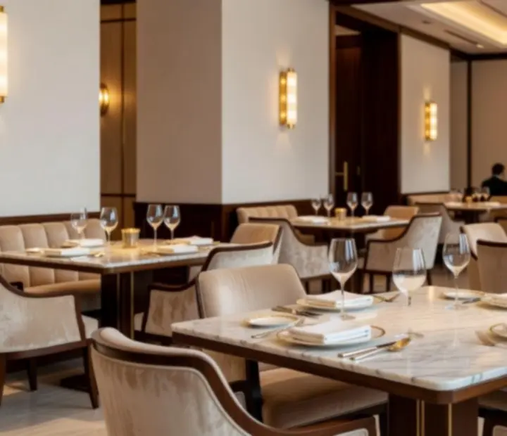 Elegáns fine dining éttermi enteriőr márvány asztalokkal és arany fényekkel a Veloorixban.